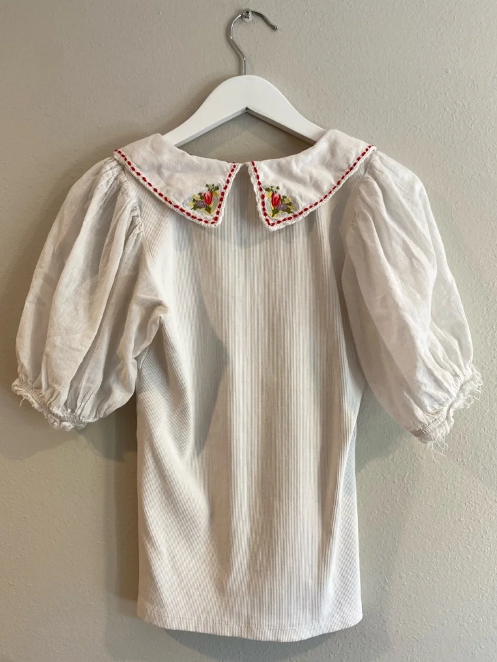 Anthropologie Embroidered Peter Pan Collar Ribbed Puff Sleeve Top S Cottagecore